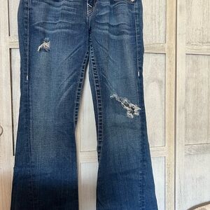 True Religion Joey Blue Flare Jeans with Ombré Effect Distressed